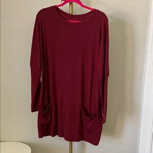 Burgundy Long Sleeve Tunic Dress with Pockets